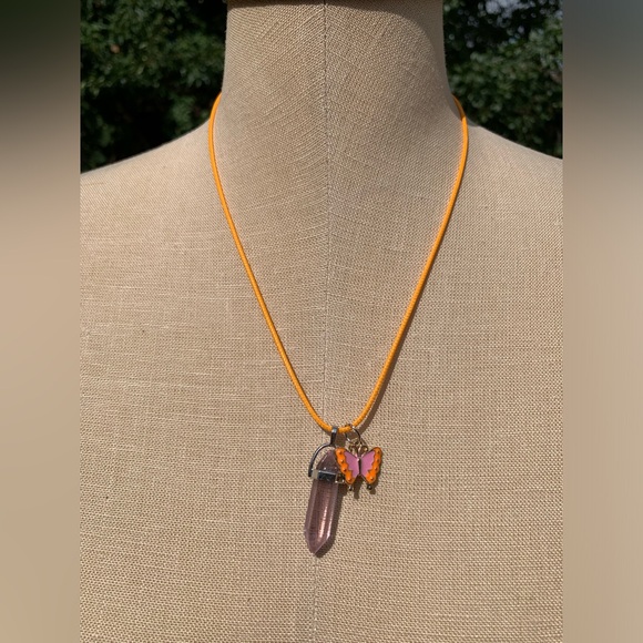 Handmade Dagger Light Pink Resin Crystal Amulet Necklace & Butterfly Charm - Picture 2 of 9